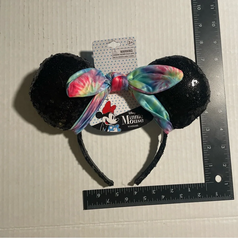 Disney Minnie Mouse Headband Hair Mickey Ears Black With Colored Bow Sparkly New